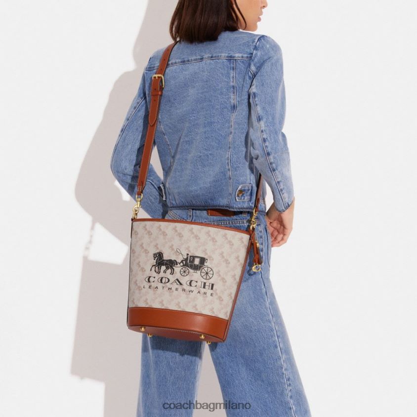 Coach donne borsa a secchiello Dakota con stampa di cavalli e carrozza b4/ambra brunita gesso FPN0Z823