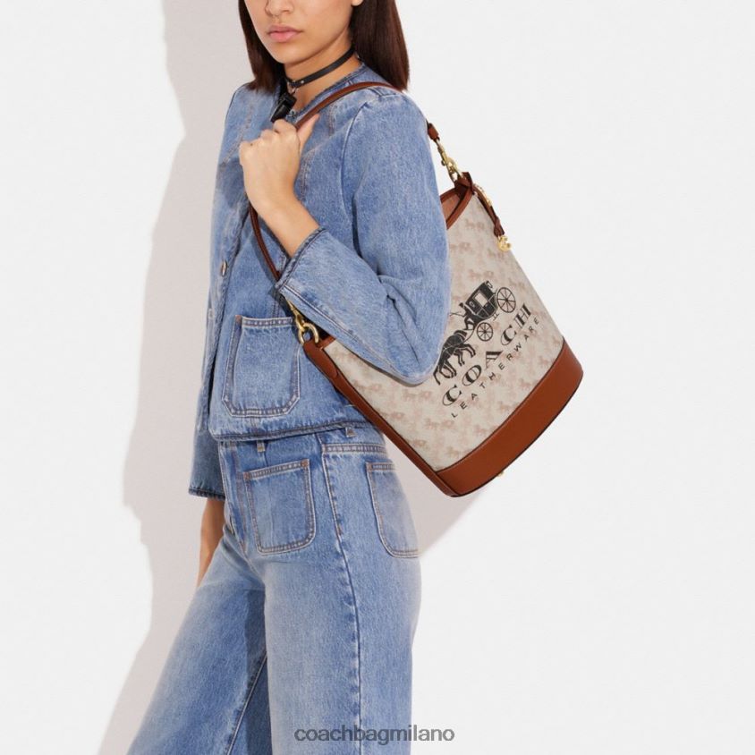 Coach donne borsa a secchiello Dakota con stampa di cavalli e carrozza b4/ambra brunita gesso FPN0Z823
