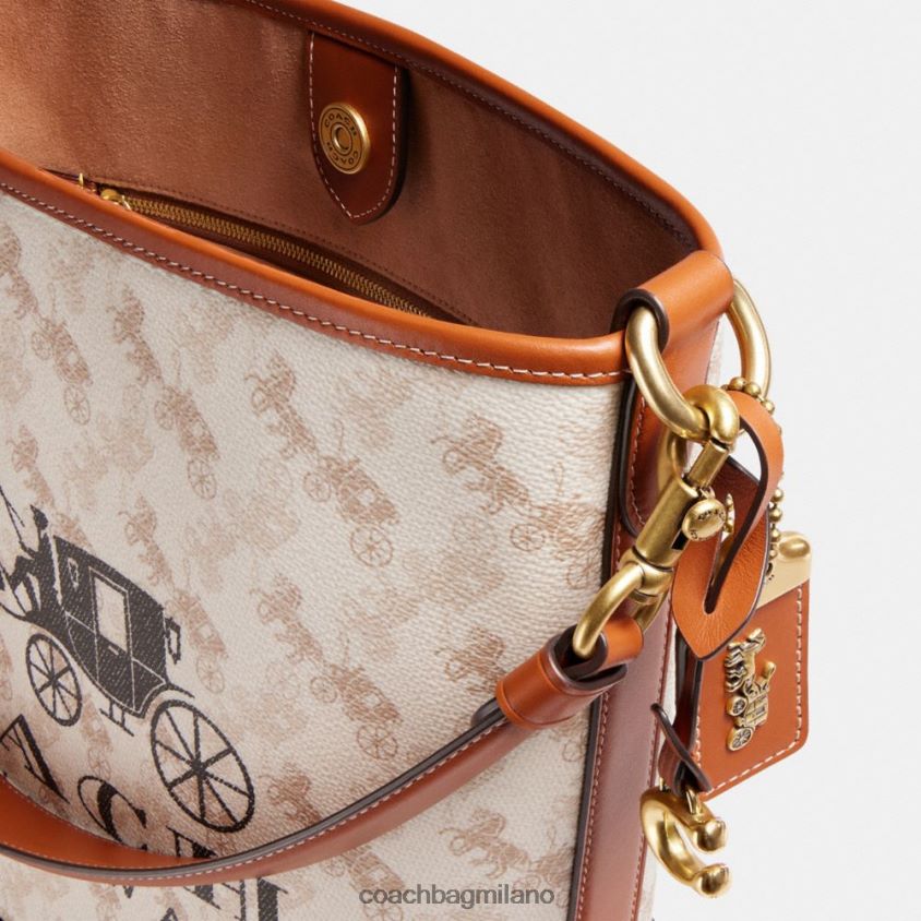 Coach donne borsa a secchiello Dakota con stampa di cavalli e carrozza b4/ambra brunita gesso FPN0Z823
