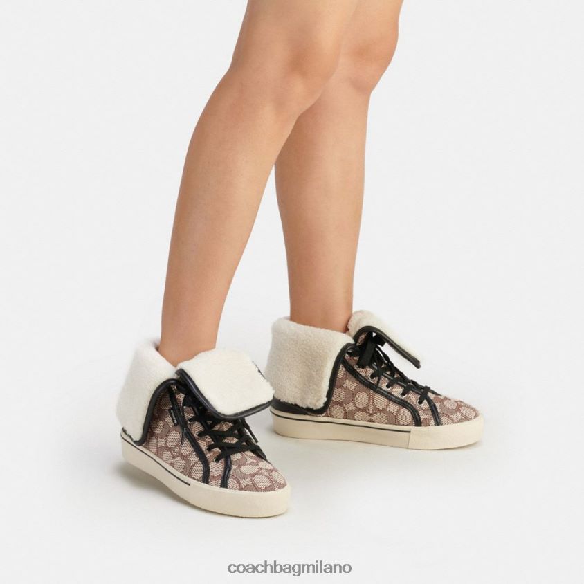 Coach donne sneaker alta con plateau e risvolto con suola cittadina in caratteristico jacquard cacao/nero FPN0Z8429
