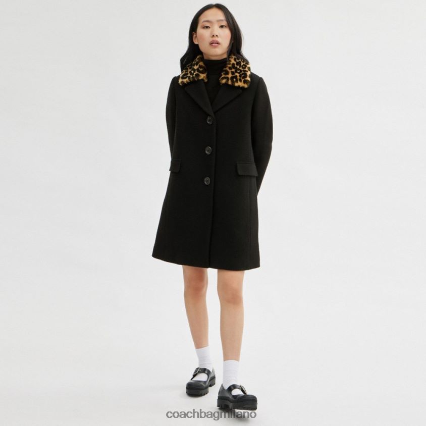 Coach donne cappotto in lana con collo in shearling nero FPN0Z8449