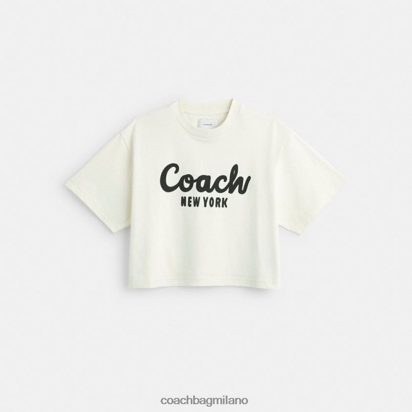 Coach donne T-shirt corta con firma in corsivo crema. FPN0Z8473