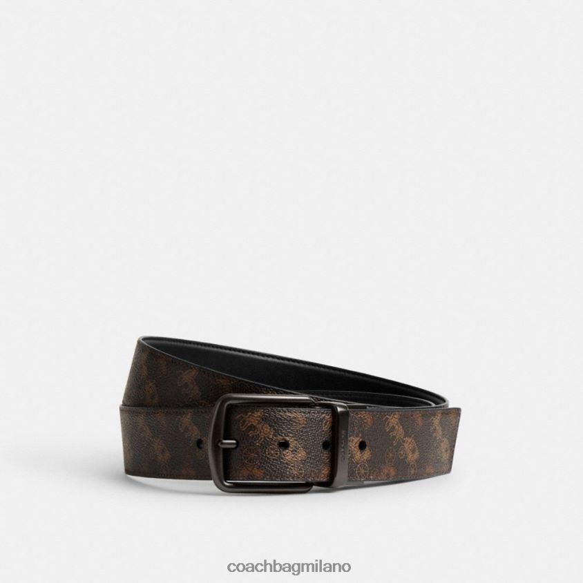 Coach uomini cintura reversibile tagliata su misura con fibbia a finimenti e stampa di cavalli e carrozze, 38 mm tartufo/nero FPN0Z8795