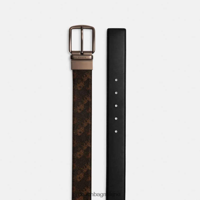 Coach uomini cintura reversibile tagliata su misura con fibbia a finimenti e stampa di cavalli e carrozze, 38 mm tartufo/nero FPN0Z8795