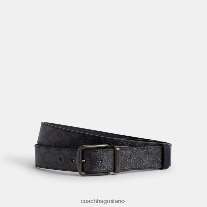 Coach uomini imbracatura scatolata e cintura reversibile tagliata su misura con fibbia caratteristica, 38 mm antracite/blu notte FPN0Z8794