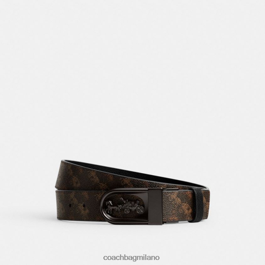 Coach uomini placca scatolata e fibbia dell'imbracatura cintura reversibile tagliata su misura con stampa cavallo e carrozza, 38 mm tartufo/nero FPN0Z8796